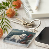 Grote Pyreneeën Hond in Sneeuw Kerstmis Sleutelhanger (Voorkant Rechts)