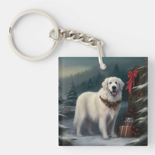 Grote Pyreneeën Hond in Sneeuw Kerstmis Sleutelhanger (Voorkant)