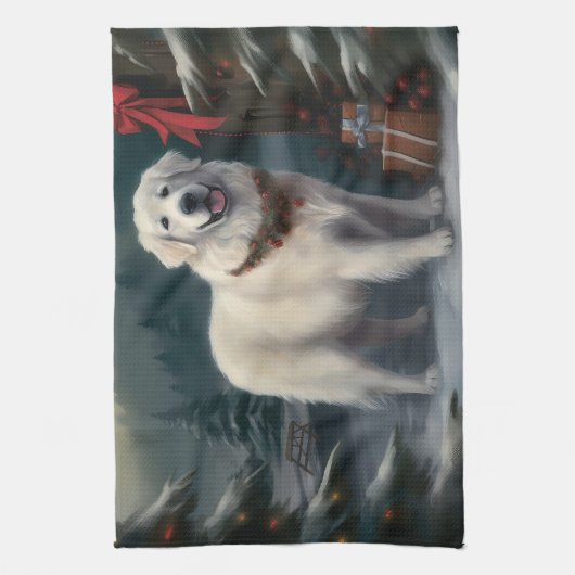 Grote Pyreneeën Hond in Sneeuw Kerstmis Theedoek (Verticaal)