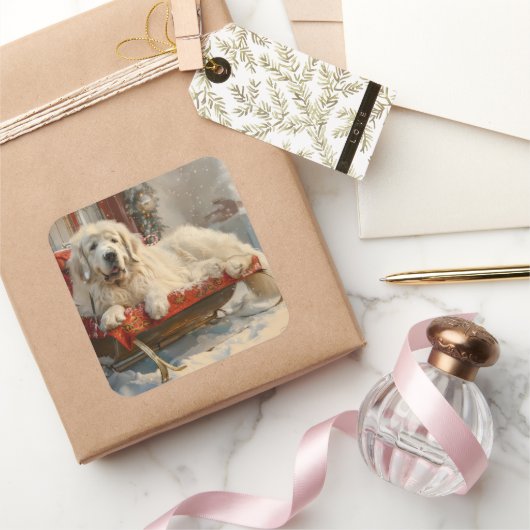 Grote Pyreneeën Hond Kerstfeest Vierkante Sticker (Geschenken)