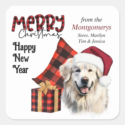 Grote Pyreneeën hond met Buffalo Plaid Kerstman Ho Vierkante Sticker (Voorkant)