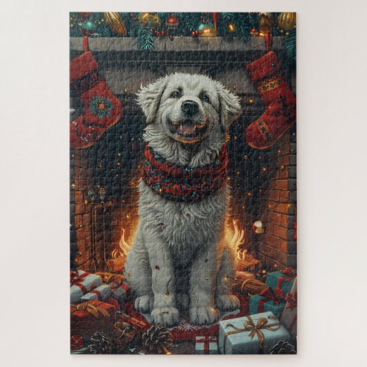 Grote Pyreneeën Hond Met Kerstcadeaus Haard Legpuzzel (Verticaal)