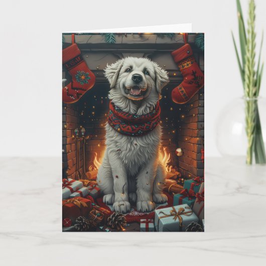 Grote Pyreneeën Hond Met Kerstcadeaus Open Haard Kaart (Voorkant)