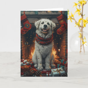 Grote Pyreneeën Hond Met Kerstcadeaus Open Haard Kaart