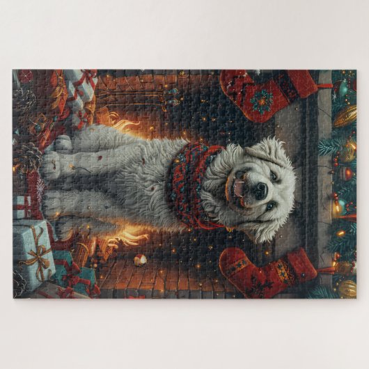 Grote Pyreneeën Hond Met Kerstcadeaus Open Haard Legpuzzel (Horizontaal)