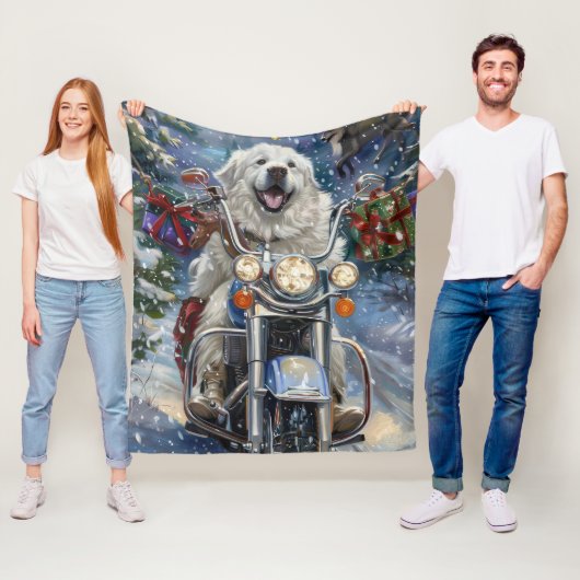 Grote Pyreneeën Hond Rijden Motorfiets Kerstmis Fleece Deken (In situ)