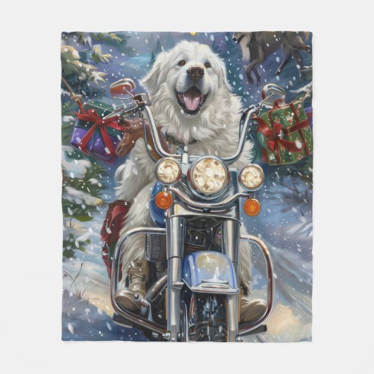 Grote Pyreneeën Hond Rijden Motorfiets Kerstmis Fleece Deken (Voorkant)