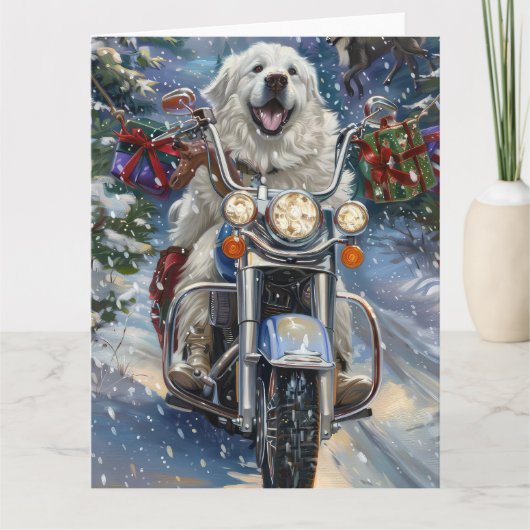 Grote Pyreneeën Hond Rijden Motorfiets Kerstmis Kaart (Voorkant)