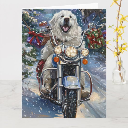 Grote Pyreneeën Hond Rijden Motorfiets Kerstmis Kaart (Gele Bloem)
