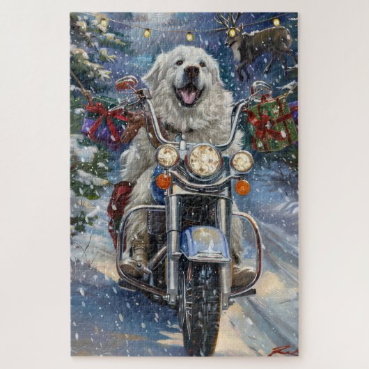 Grote Pyreneeën Hond Rijden Motorfiets Kerstmis Legpuzzel (Verticaal)