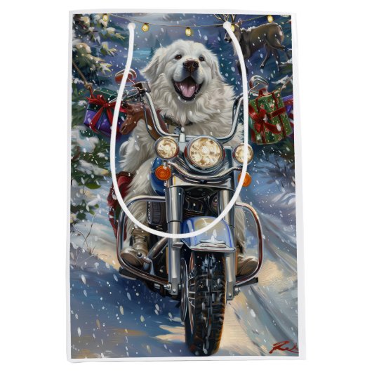 Grote Pyreneeën Hond Rijden Motorfiets Kerstmis Medium Cadeauzakje (Voorkant)