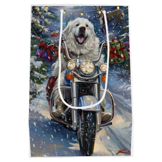 Grote Pyreneeën Hond Rijden Motorfiets Kerstmis Medium Cadeauzakje (Achterkant)