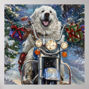 Grote Pyreneeën Hond Rijden Motorfiets Kerstmis Poster