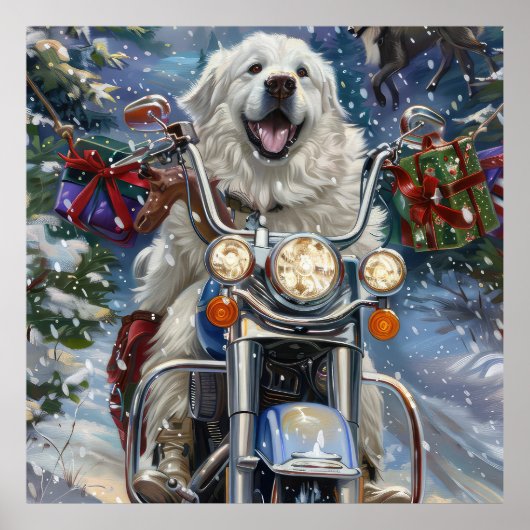 Grote Pyreneeën Hond Rijden Motorfiets Kerstmis Poster (Voorkant)