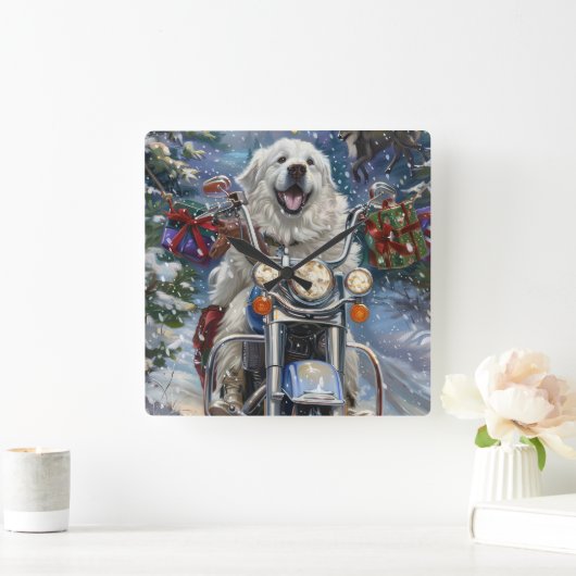 Grote Pyreneeën Hond Rijden Motorfiets Kerstmis Vierkante Klok (Huis)