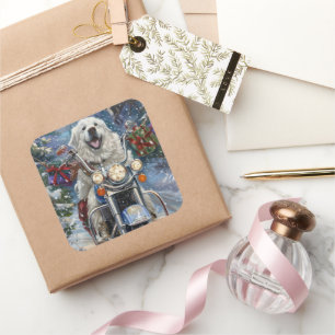 Grote Pyreneeën Hond Rijden Motorfiets Kerstmis Vierkante Sticker