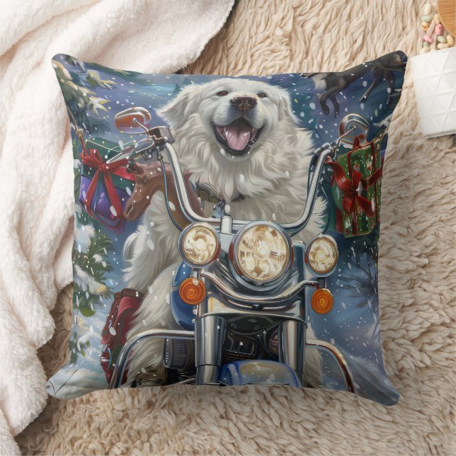 Grote Pyreneeën Hond Rijdt op Motorfiets Kerstmis Kussen (Deken)