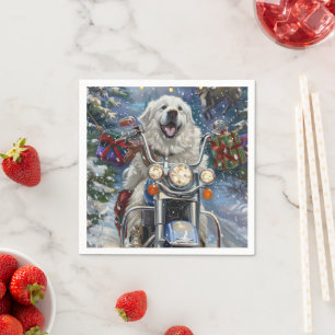 Grote Pyreneeën Hond Rijdt op Motorfiets Kerstmis Servet