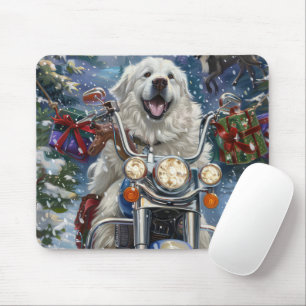 Grote Pyreneeën Hond rijdt op motorfiets met Kerst Muismat