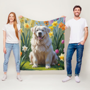 Grote Pyreneeën Hond Spring Bloemen Schilderen Fleece Deken