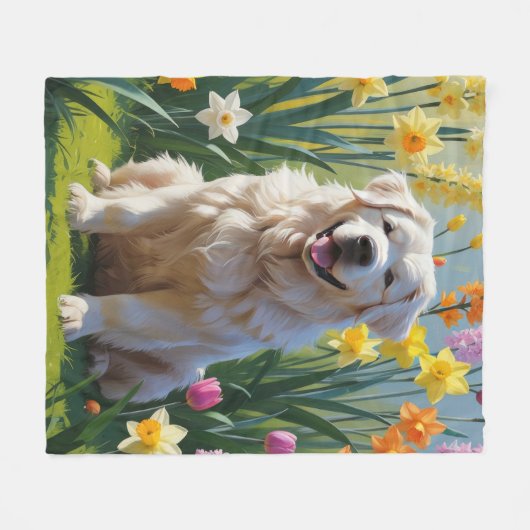 Grote Pyreneeën Hond Spring Bloemen Schilderen Fleece Deken (Voorkant (Horizontaal))