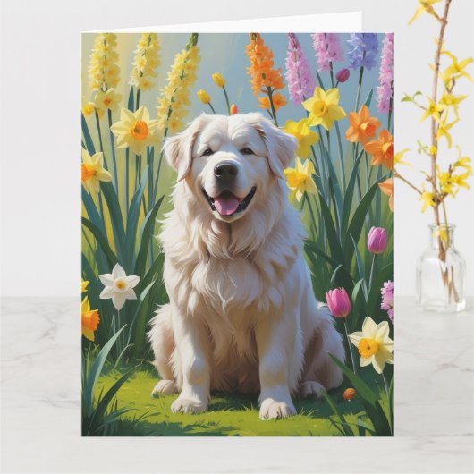 Grote Pyreneeën Hond Spring Bloemen Schilderen Kaart (Gele Bloem)