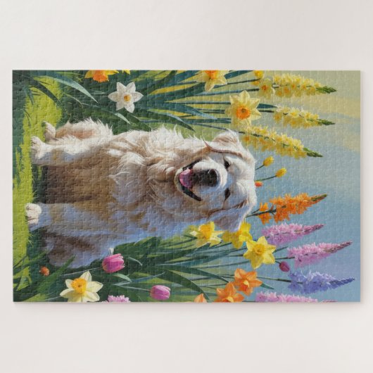 Grote Pyreneeën Hond Spring Bloemen Schilderen Legpuzzel (Horizontaal)