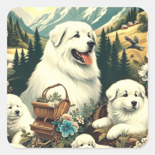 Grote Pyreneeën Hondenillustratie Vierkante Sticker (Voorkant)