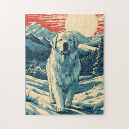 Grote-Pyreneeën in de besneeuwde bergen bij zonson Legpuzzel