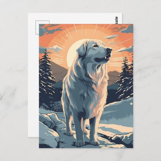 Grote pyreneeën in het besneeuwde bos tijdens zons briefkaart (Voorkant / Achterkant)