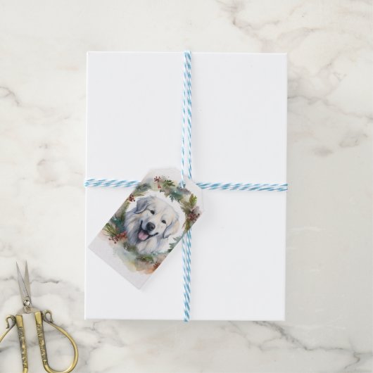 Grote Pyreneeën Kerstkrans Feestelijke Pup Cadeaulabel (Met Touw)