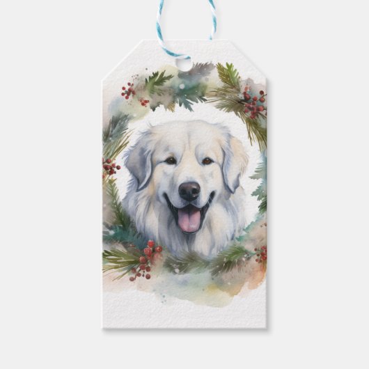 Grote Pyreneeën Kerstkrans Feestelijke Pup Cadeaulabel (Voorkant)
