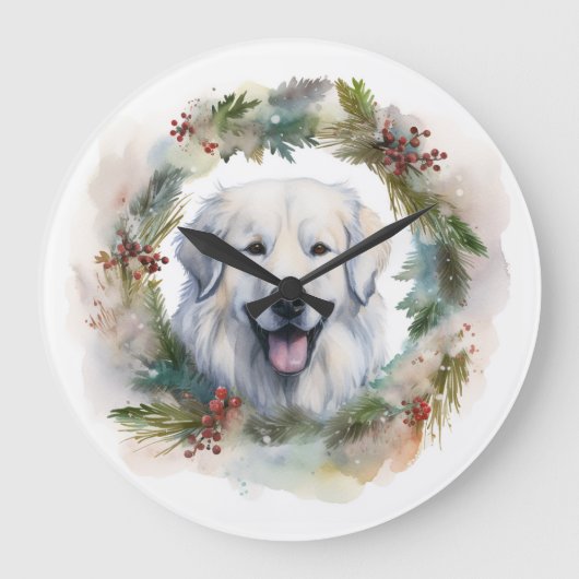 Grote Pyreneeën Kerstkrans Feestelijke Pup Grote Klok (Voorkant)