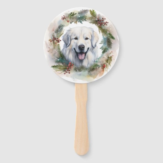 Grote Pyreneeën Kerstkrans Feestelijke Pup Handwaaier (Voorkant)