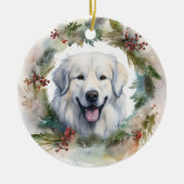 Grote Pyreneeën Kerstkrans Feestelijke Pup Keramisch Ornament (Voorkant)