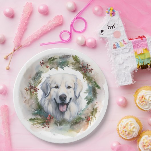 Grote Pyreneeën Kerstkrans Feestelijke Pup Papieren Bordje (Feest)