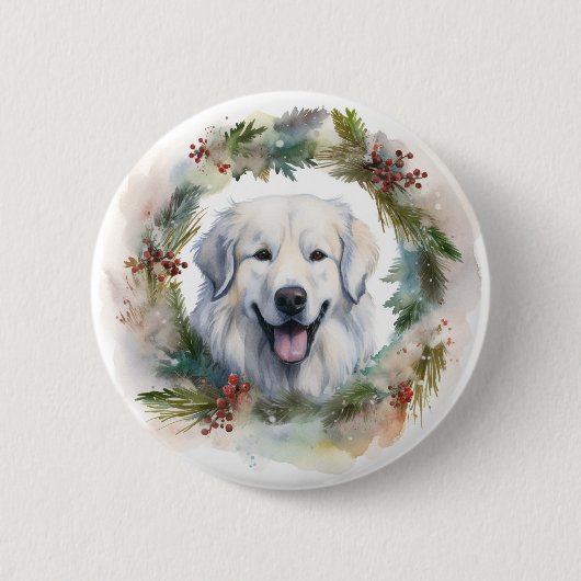 Grote Pyreneeën Kerstkrans Feestelijke Pup Ronde Button 5,7 Cm (Voorkant)