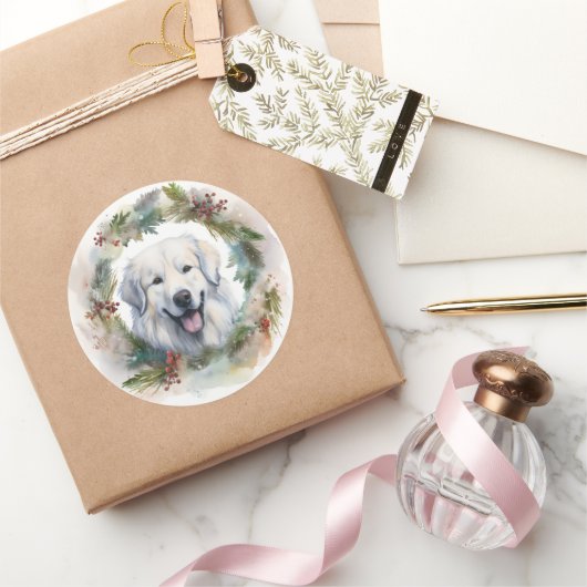 Grote Pyreneeën Kerstkrans Feestelijke Pup Ronde Sticker (Geschenken)