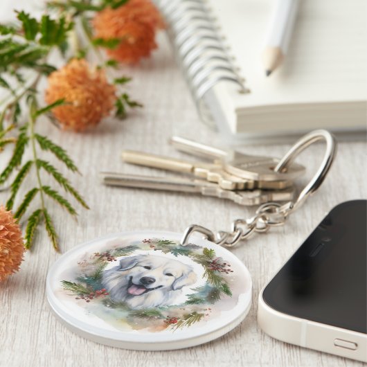 Grote Pyreneeën Kerstkrans Feestelijke Pup Sleutelhanger (Voorkant Rechts)