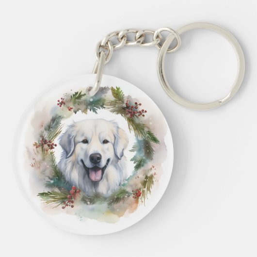 Grote Pyreneeën Kerstkrans Feestelijke Pup Sleutelhanger (Achterkant)