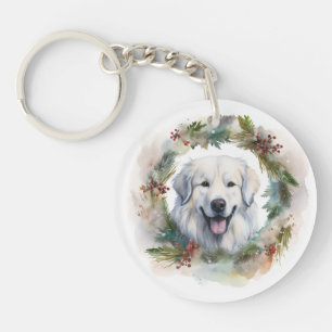 Grote Pyreneeën Kerstkrans Feestelijke Pup Sleutelhanger