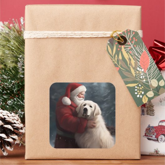 Grote Pyreneeën met Kerstman Festieve Kerst Vierkante Sticker (Feestdagen)