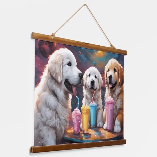 Grote Pyreneeën Moeder en Puppies met Milkshakes Hangend Wandkleed (Gebogen)