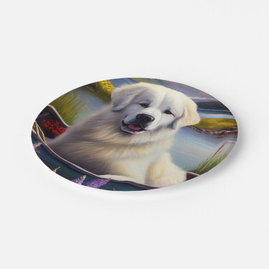 Grote Pyreneeën op een peddel: een Schilderachtig  Papieren Bordje (Gekanteld)