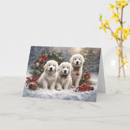 Grote Pyreneeën Puppies 2 Winter Xmas Scène Kaart (Gele Bloem)