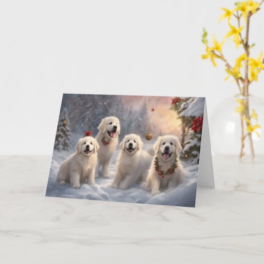 Grote Pyreneeën Puppies 5 Winter Xmas Scène Kaart (Gele Bloem)