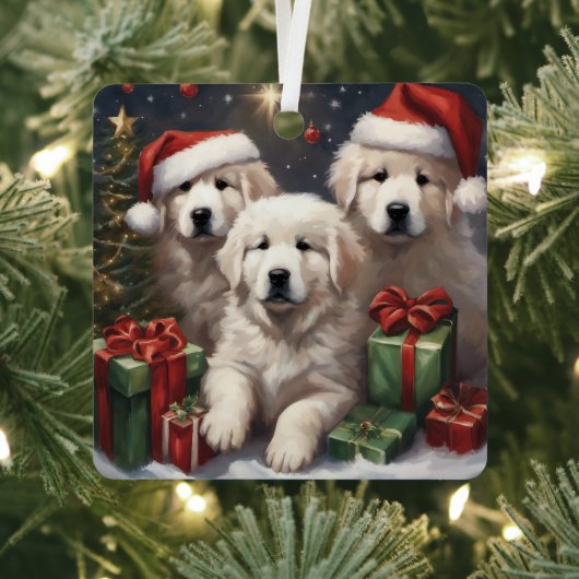 Grote Pyreneeën Puppies Cadeaus Xmas Scène 1 Metalen Ornament (Insitu)