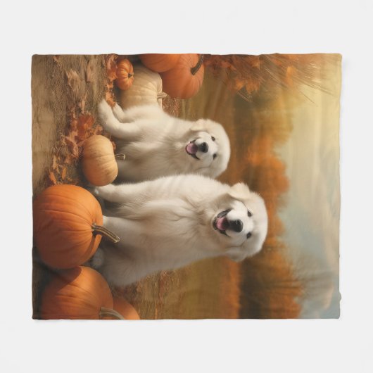Grote Pyreneeën Puppy Herfst Delight Pompoen Fleece Deken (Voorkant (Horizontaal))