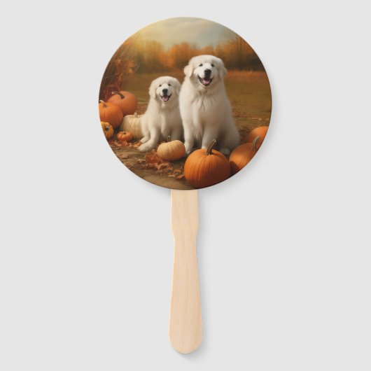 Grote Pyreneeën Puppy Herfst Delight Pompoen Handwaaier (Voorkant)
