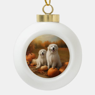 Grote Pyreneeën Puppy Herfst Delight Pompoen Keramische Bal Ornament